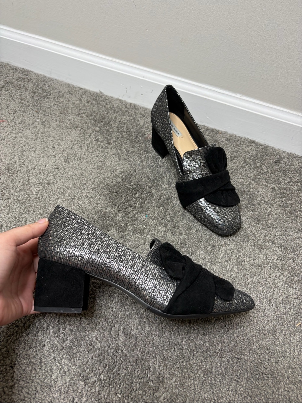 Silver Metallic Block-Heel Loafer with Black Suede Bow low heel